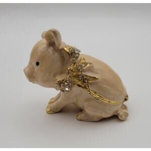 Jeweled Rhinestone Enamel Jewelry Keepsake Trinket Box Pink Pig Piggy Figurine